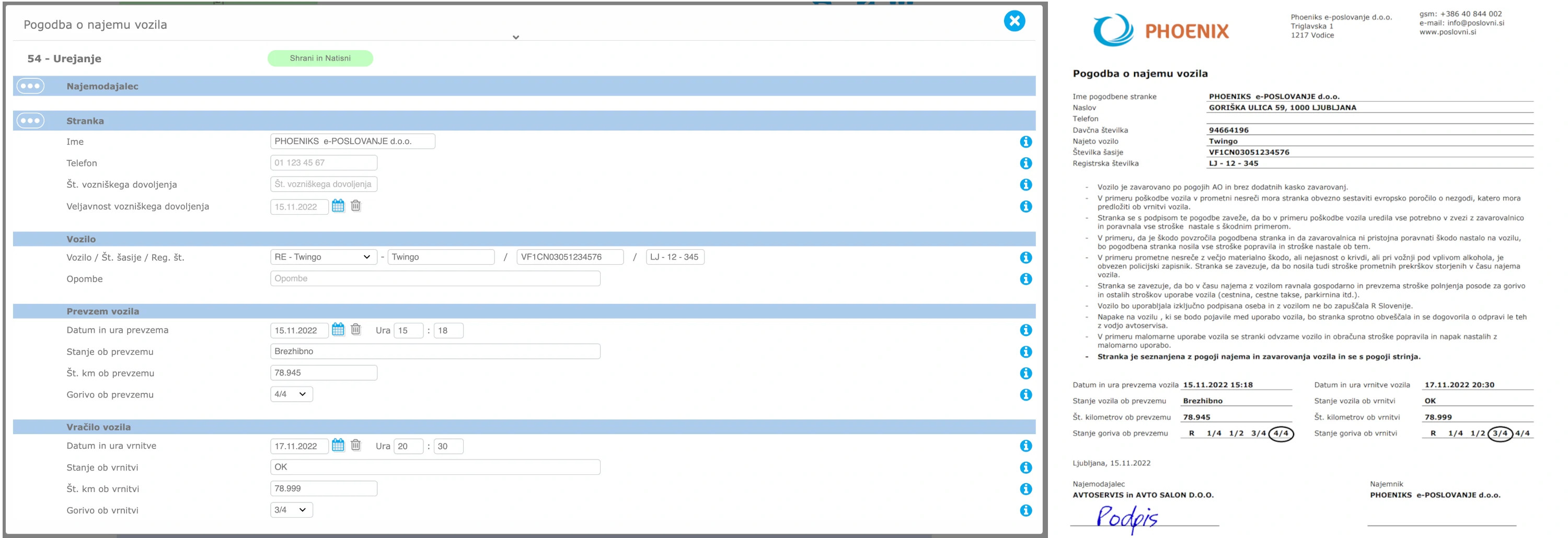 Pogodba o najemu vozila